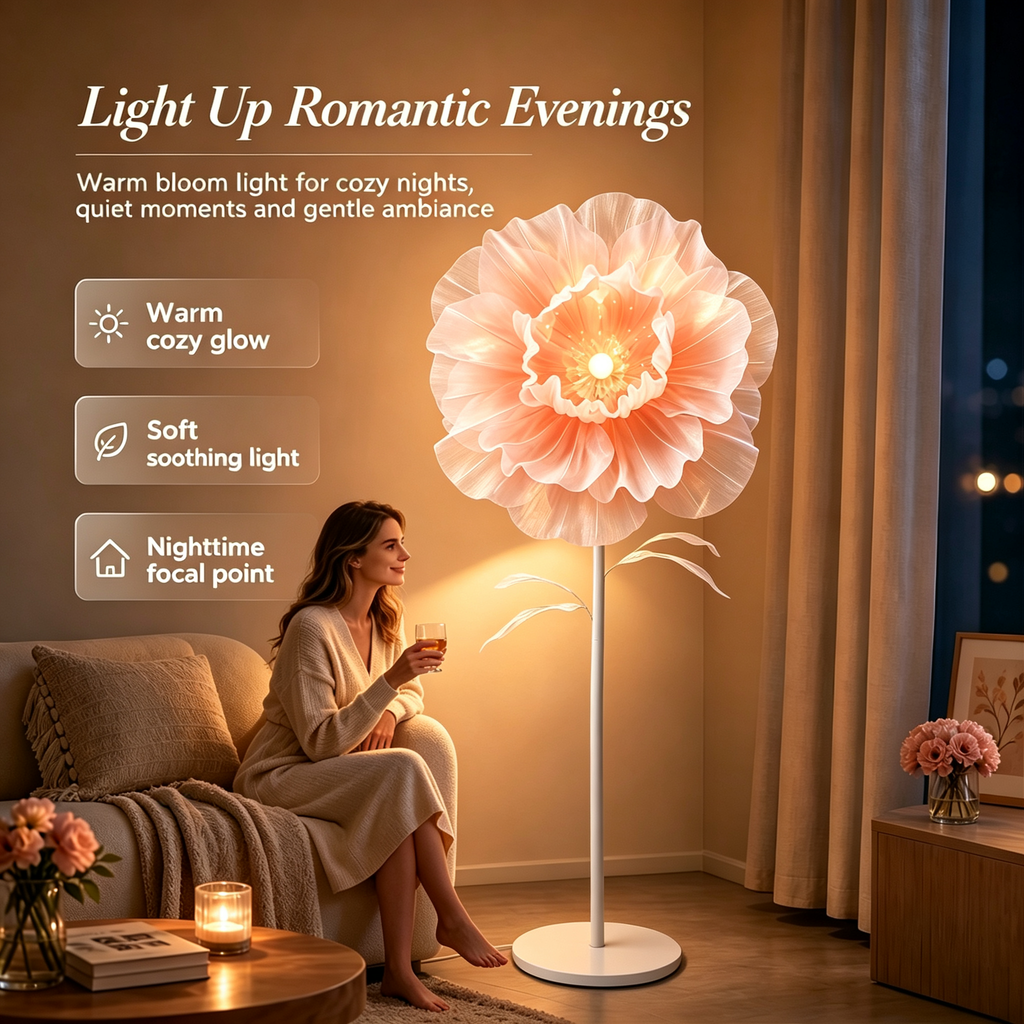 Automatic Opening‑Closing Peony Flower Floor Lamp, Handmade Petal LED Ambient Standing Lamp for Wedding Bedroom Decor