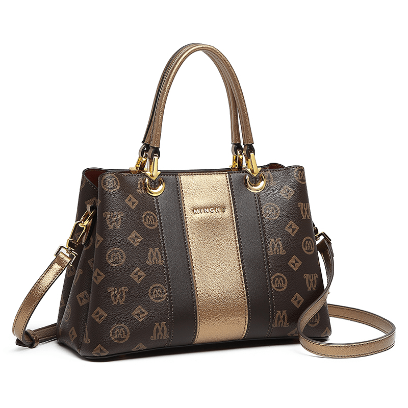 MINU Women’s Vintage Monogram Handbag, Contrast Strip Top‑Handle Shoulder Bag, Removable Crossbody Strap Purse