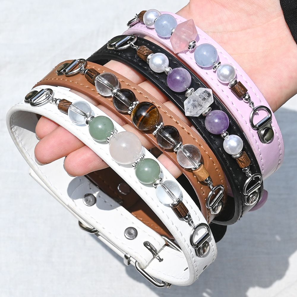 Handmade Beaded Leather Pet Collar, Adjustable Cute Collar for Cats & Small Medium Dogs
