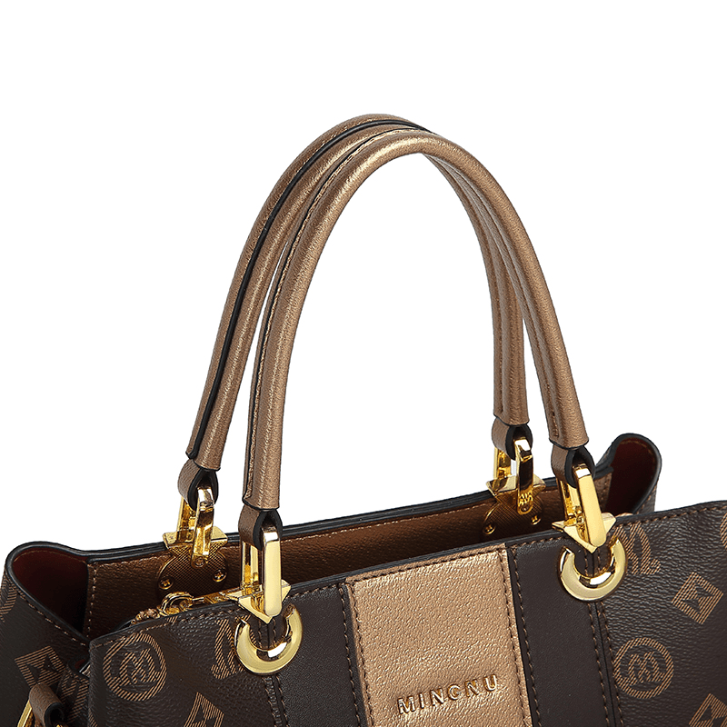 MINU Women’s Vintage Monogram Handbag, Contrast Strip Top‑Handle Shoulder Bag, Removable Crossbody Strap Purse