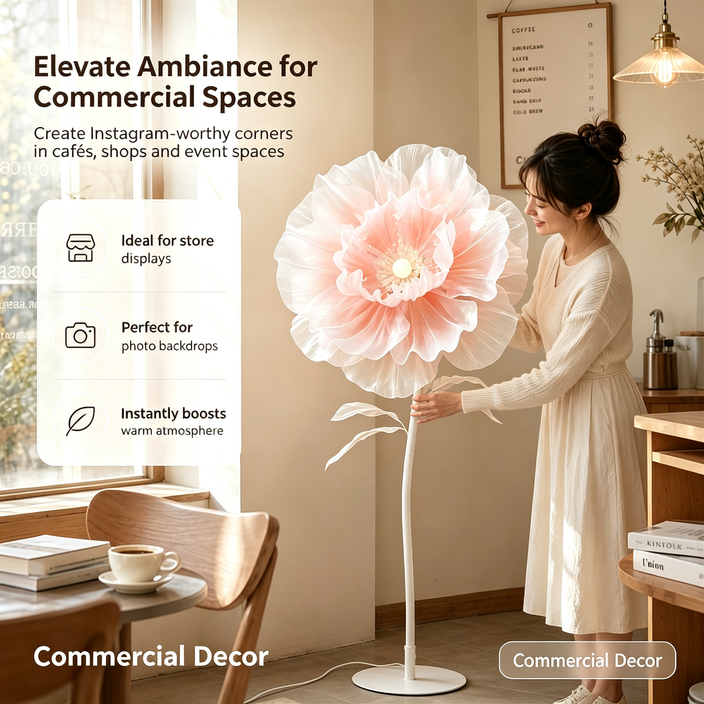 Automatic Opening‑Closing Peony Flower Floor Lamp, Handmade Petal LED Ambient Standing Lamp for Wedding Bedroom Decor