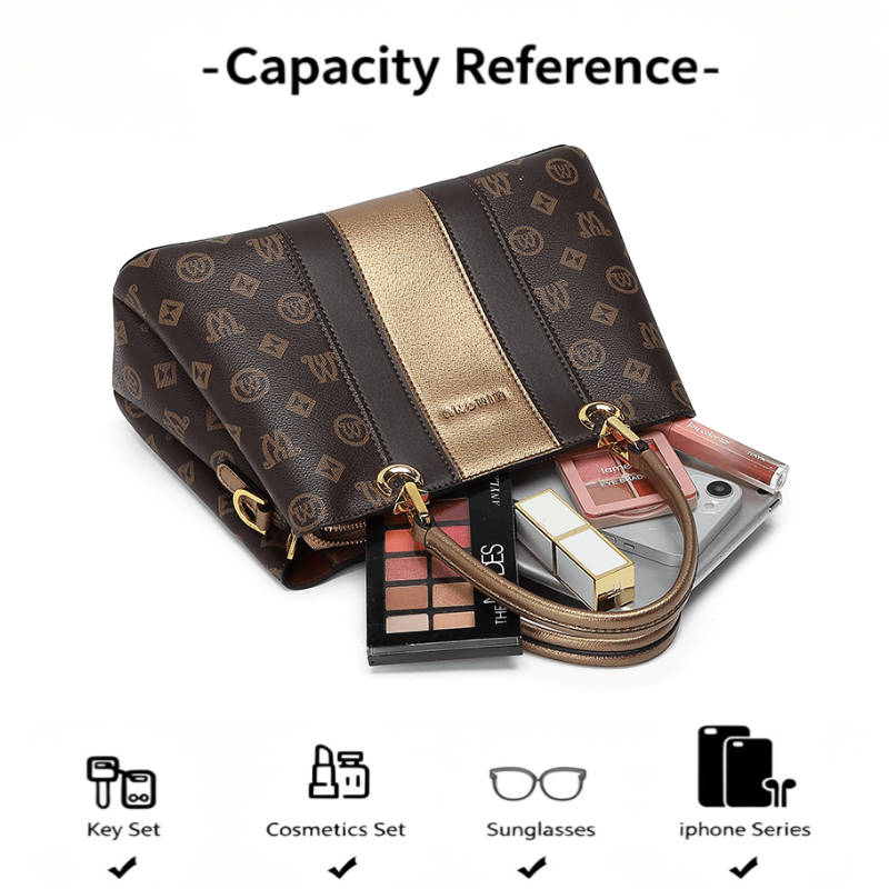 MINU Women’s Vintage Monogram Handbag, Contrast Strip Top‑Handle Shoulder Bag, Removable Crossbody Strap Purse