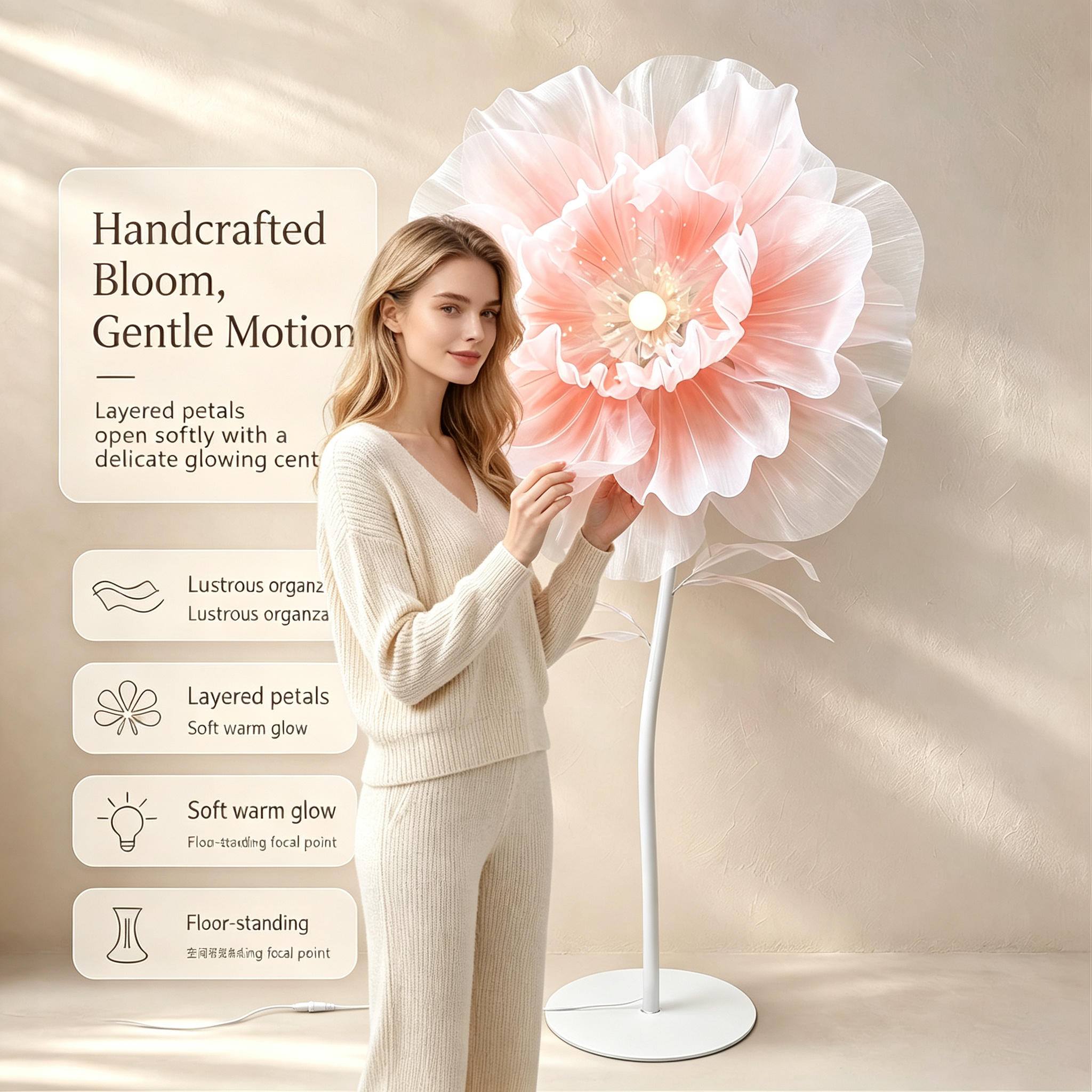 Automatic Opening‑Closing Peony Flower Floor Lamp, Handmade Petal LED Ambient Standing Lamp for Wedding Bedroom Decor