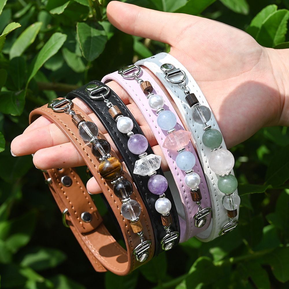 Handmade Beaded Leather Pet Collar, Adjustable Cute Collar for Cats & Small Medium Dogs