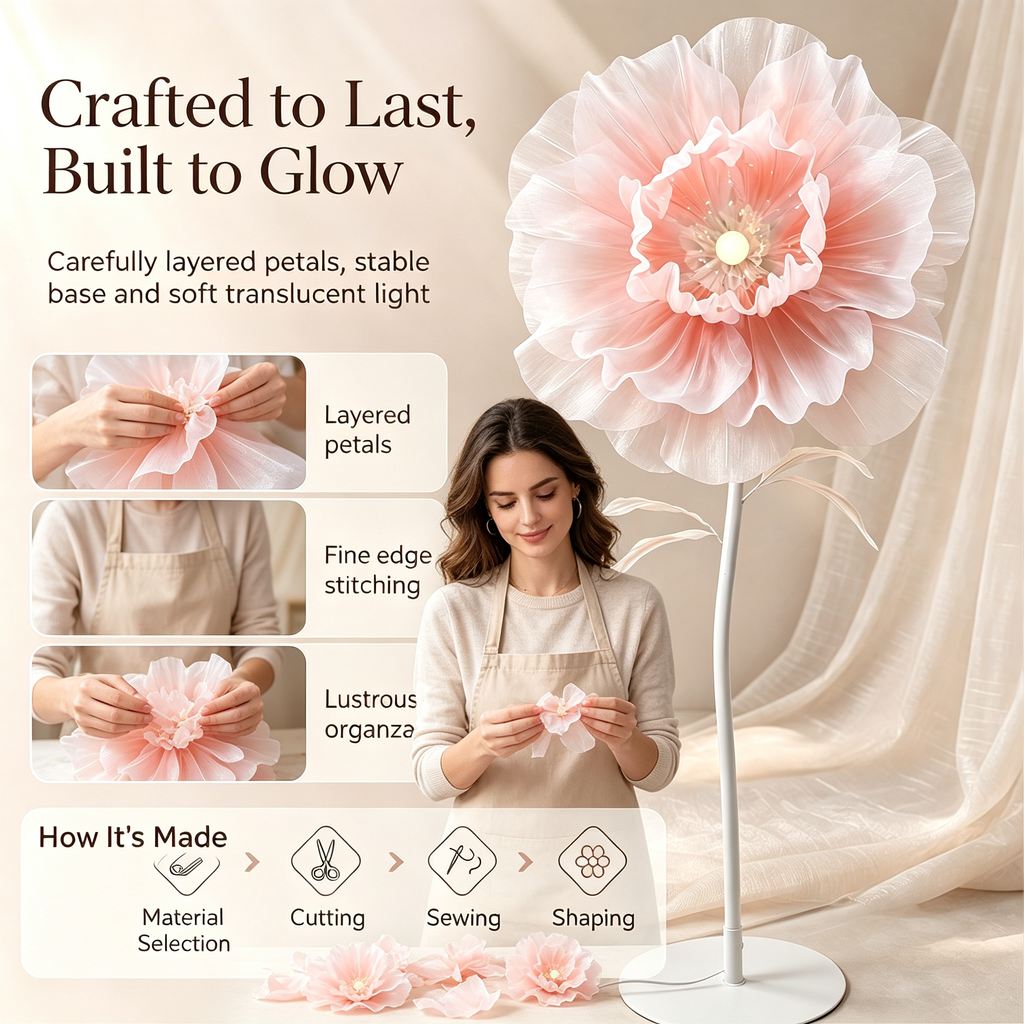 Automatic Opening‑Closing Peony Flower Floor Lamp, Handmade Petal LED Ambient Standing Lamp for Wedding Bedroom Decor