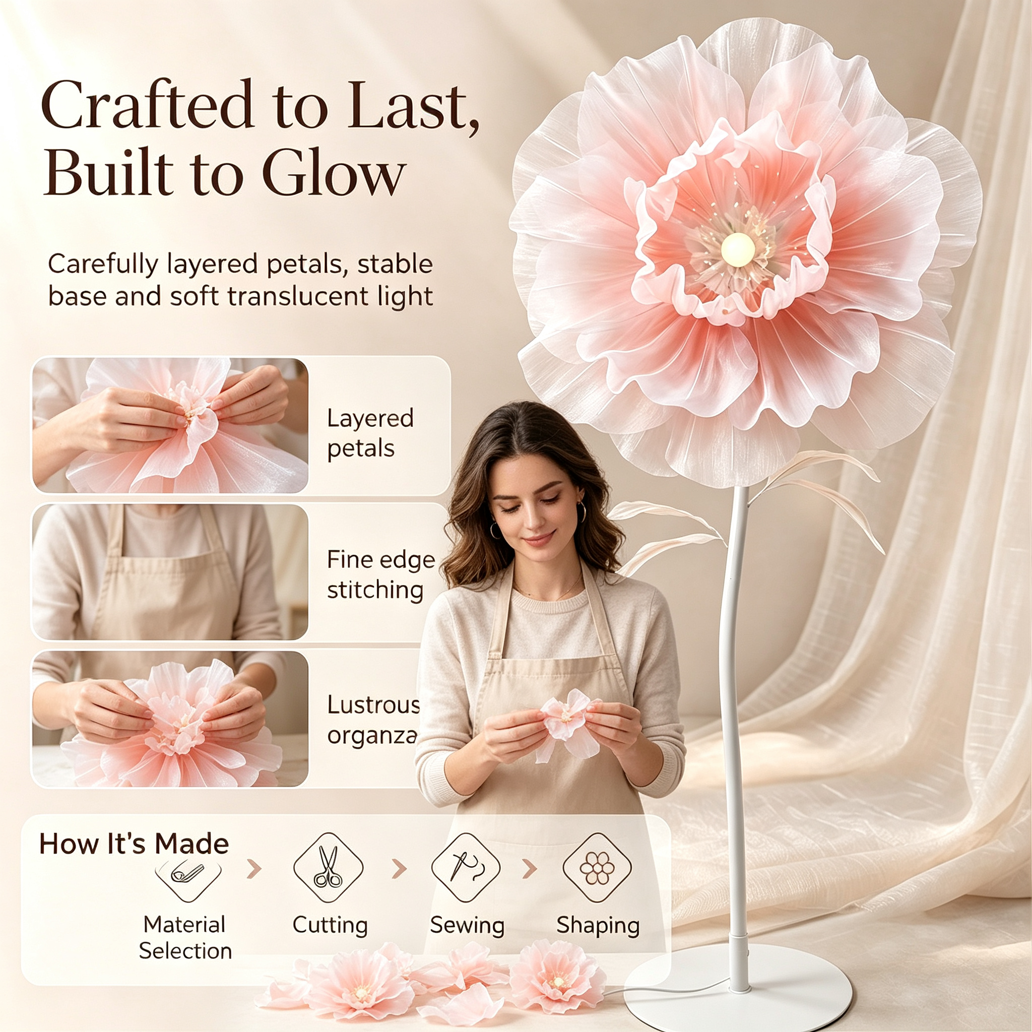 Automatic Opening‑Closing Peony Flower Floor Lamp, Handmade Petal LED Ambient Standing Lamp for Wedding Bedroom Decor