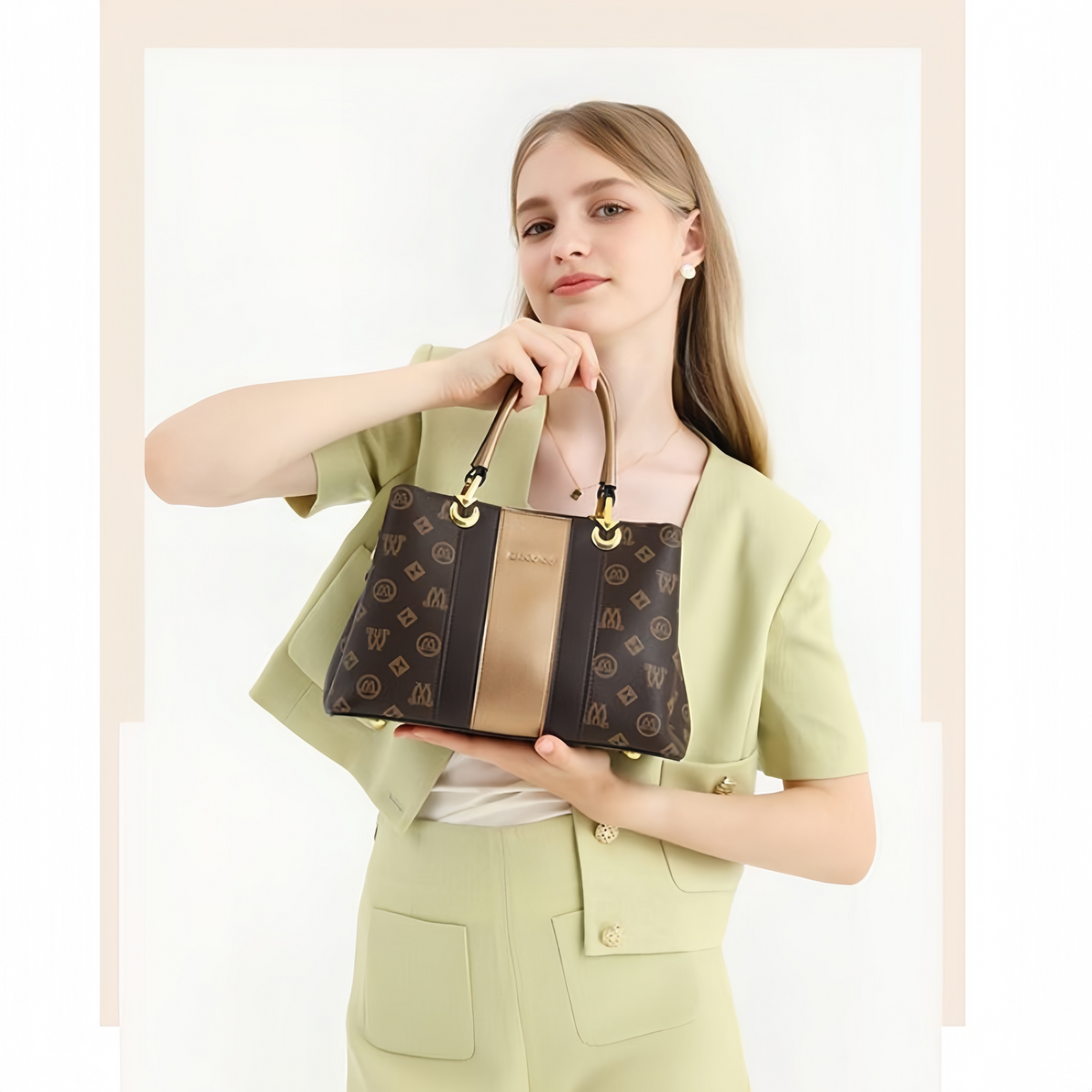 MINU Women’s Vintage Monogram Handbag, Contrast Strip Top‑Handle Shoulder Bag, Removable Crossbody Strap Purse
