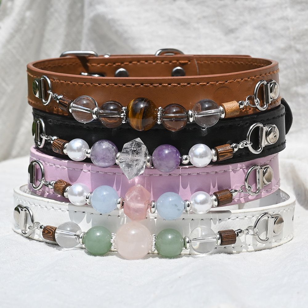 Handmade Beaded Leather Pet Collar, Adjustable Cute Collar for Cats & Small Medium Dogs