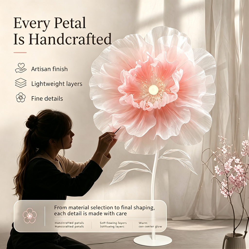 Automatic Opening‑Closing Peony Flower Floor Lamp, Handmade Petal LED Ambient Standing Lamp for Wedding Bedroom Decor