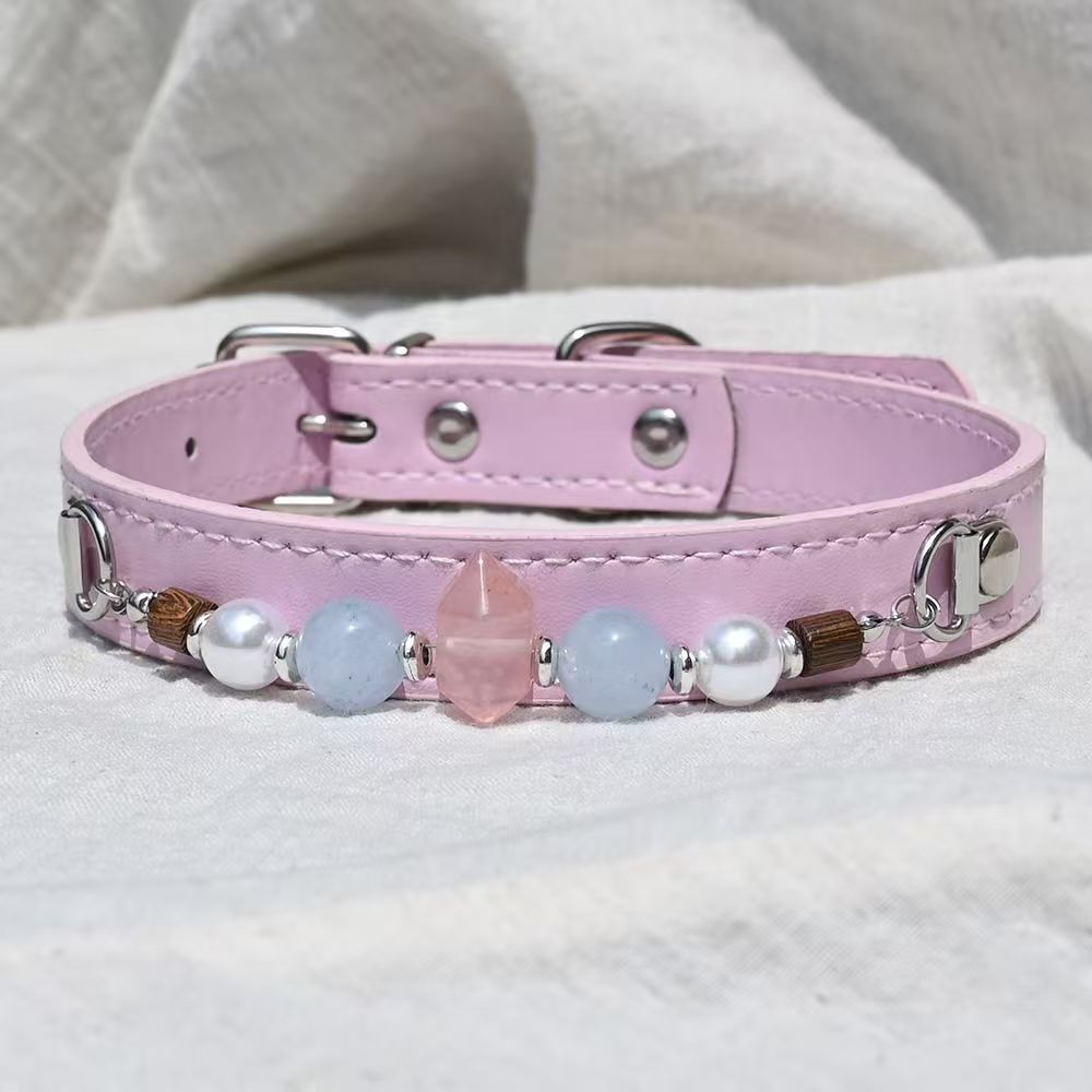 Handmade Beaded Leather Pet Collar, Adjustable Cute Collar for Cats & Small Medium Dogs