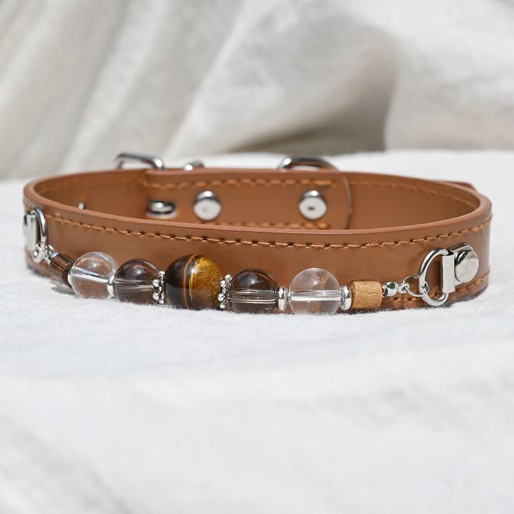Handmade Beaded Leather Pet Collar, Adjustable Cute Collar for Cats & Small Medium Dogs