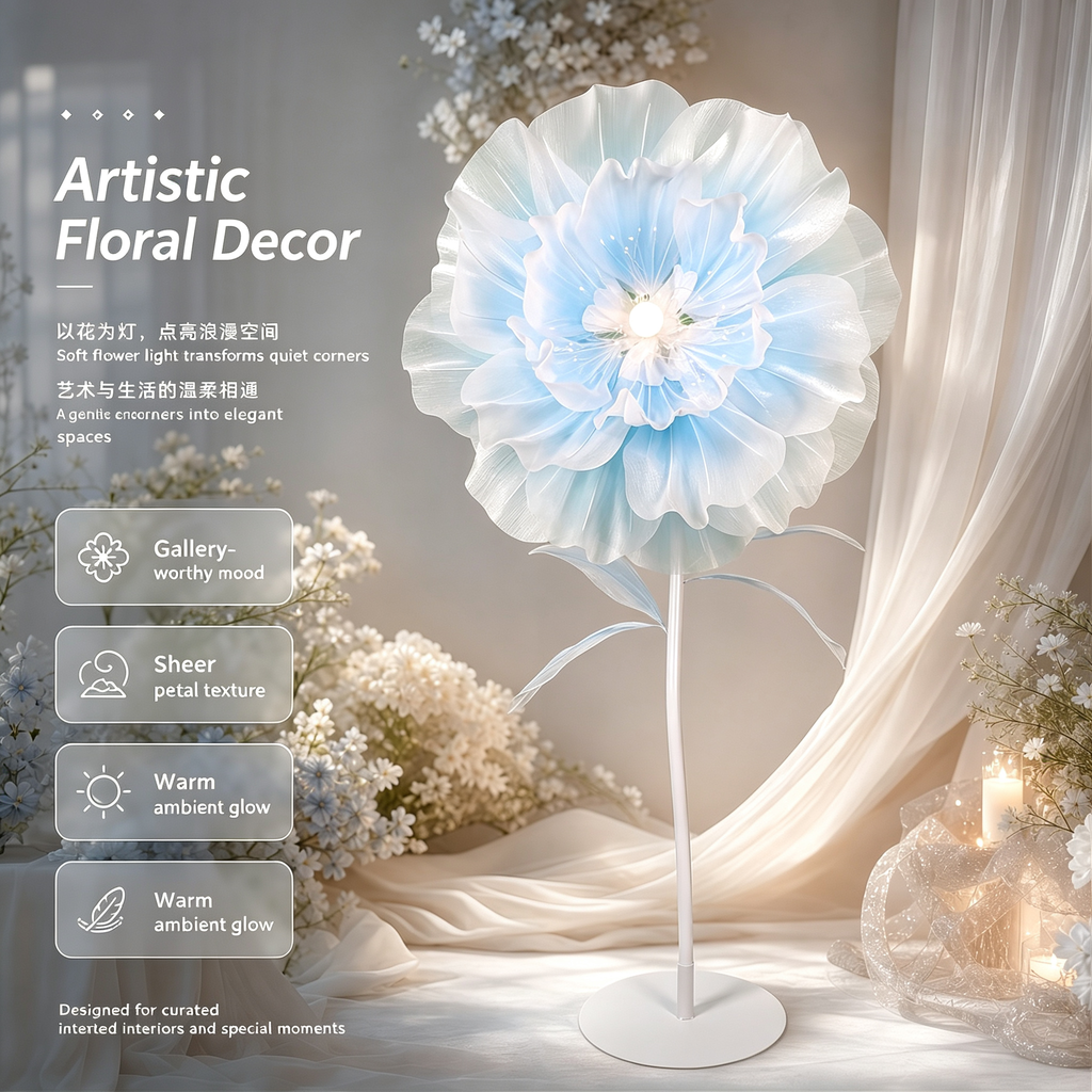 Automatic Opening‑Closing Peony Flower Floor Lamp, Handmade Petal LED Ambient Standing Lamp for Wedding Bedroom Decor