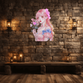 Pretty Girl Anime Neon signs lights | Redhead pink skirt cute character | LED decorative lights with small red and pink bouquets