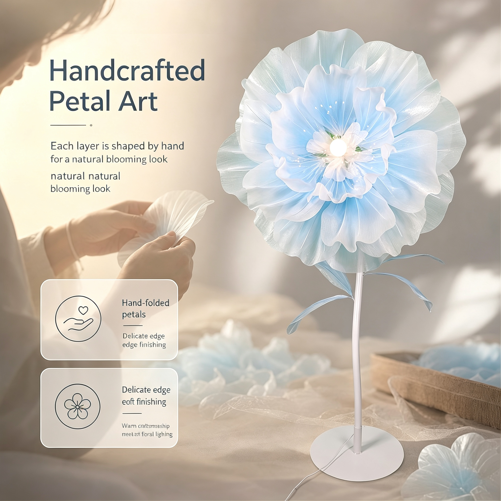 Automatic Opening‑Closing Peony Flower Floor Lamp, Handmade Petal LED Ambient Standing Lamp for Wedding Bedroom Decor