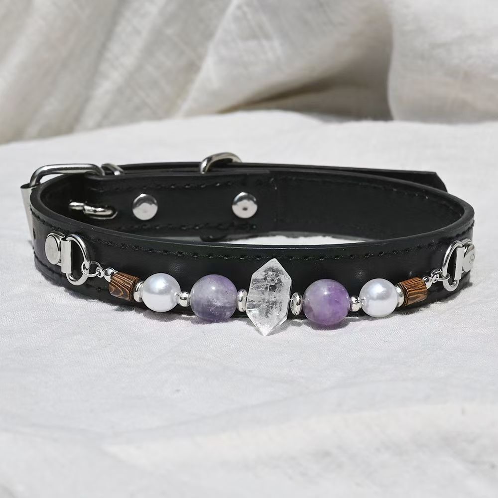 Handmade Beaded Leather Pet Collar, Adjustable Cute Collar for Cats & Small Medium Dogs