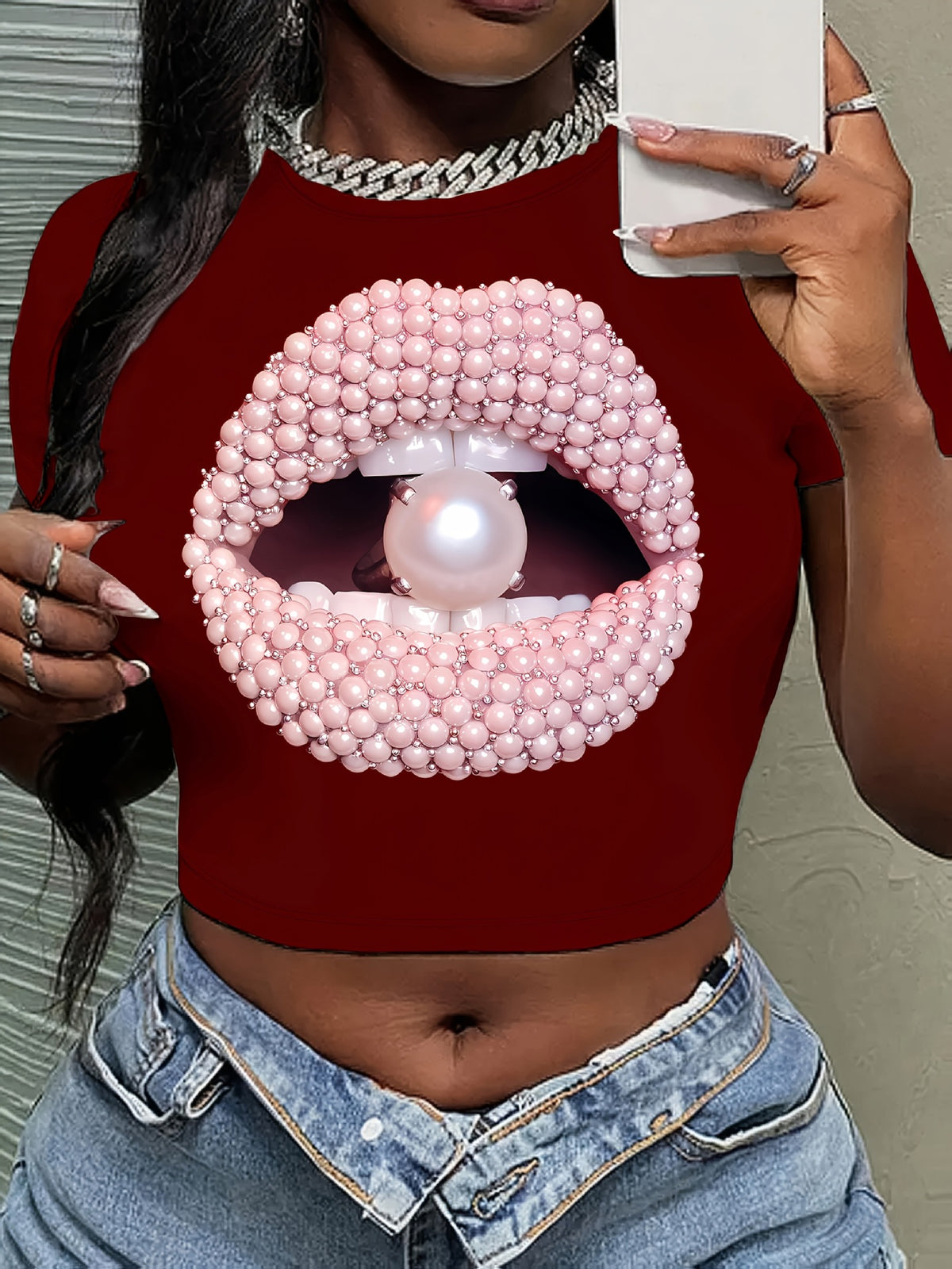 Pearl Lip Print Crop Top, Y2K Short Sleeve Graphic Cropped T‑Shirt For Women