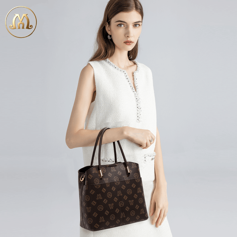 MINU Women’s Vintage Monogram Tote Handbag, Large Capacity Work Shoulder Bag, Removable Crossbody Strap Purse