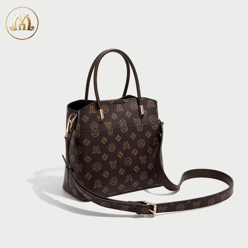 MINU Women’s Vintage Monogram Tote Handbag, Large Capacity Work Shoulder Bag, Removable Crossbody Strap Purse