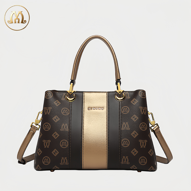 MINU Women’s Vintage Monogram Handbag, Contrast Strip Top‑Handle Shoulder Bag, Removable Crossbody Strap Purse