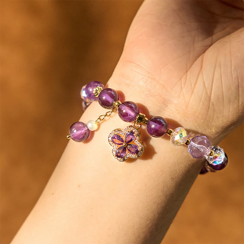 Buddha Stones "All the best for Calm and Wisdom" Amethyst Flower Bracelet Includes Gift Message Card