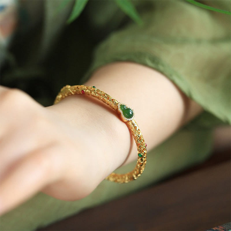Buddha Stones "Sending Health and Good Fortune" Cyan Jade Copper Bangle Includes Gift Message Card