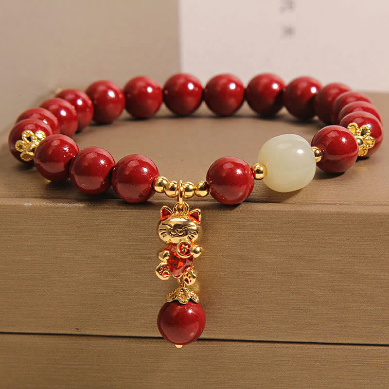 Buddha Stones "Wishing You Good Fortune and Joy" Cat Cinnabar Bracelet Includes Gift Message Card