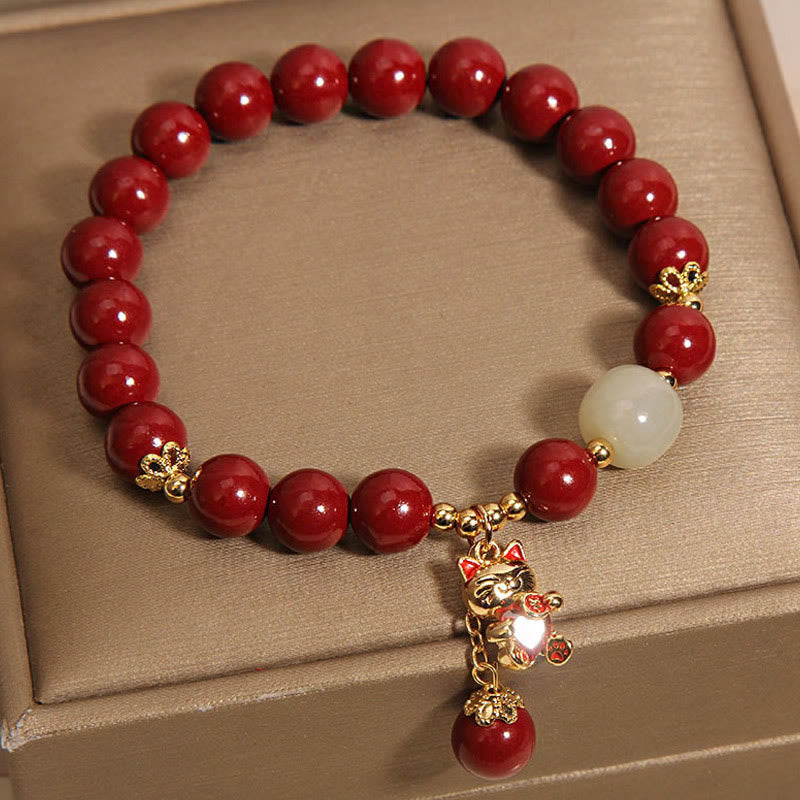 Buddha Stones "Wishing You Good Fortune and Joy" Cat Cinnabar Bracelet Includes Gift Message Card