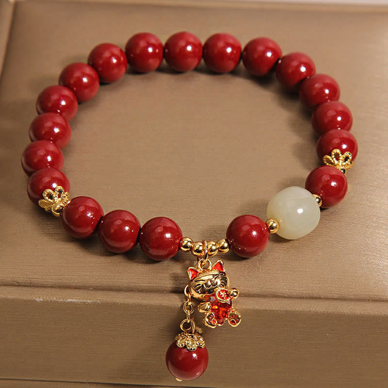 Buddha Stones "Wishing You Good Fortune and Joy" Cat Cinnabar Bracelet Includes Gift Message Card