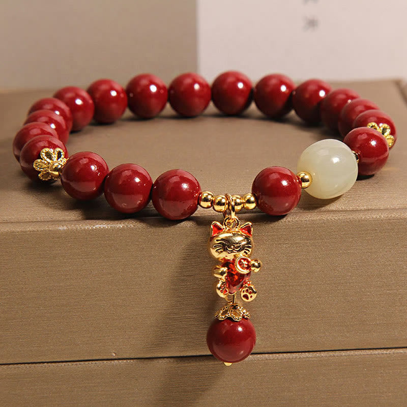 Buddha Stones "Wishing You Good Fortune and Joy" Cat Cinnabar Bracelet Includes Gift Message Card