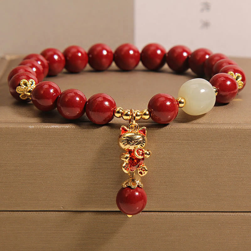 Buddha Stones "Wishing You Good Fortune and Joy" Cat Cinnabar Bracelet Includes Gift Message Card