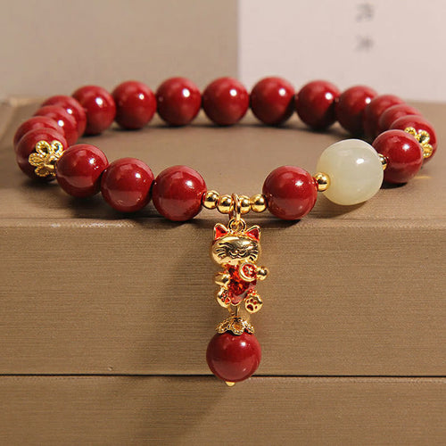 Buddha Stones "Wishing You Good Fortune and Joy" Cat Cinnabar Bracelet Includes Gift Message Card