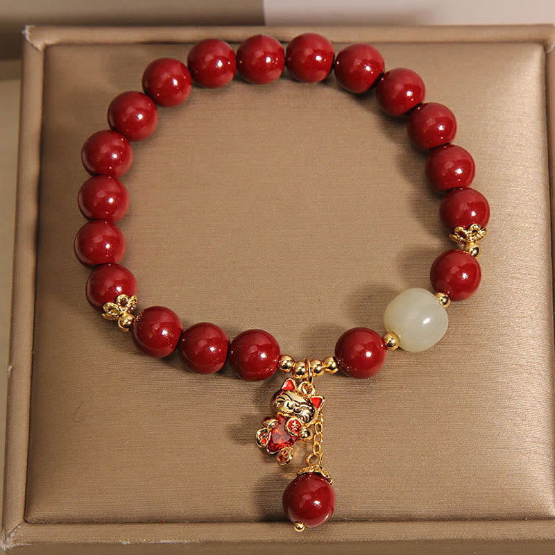 Buddha Stones "Wishing You Good Fortune and Joy" Cat Cinnabar Bracelet Includes Gift Message Card