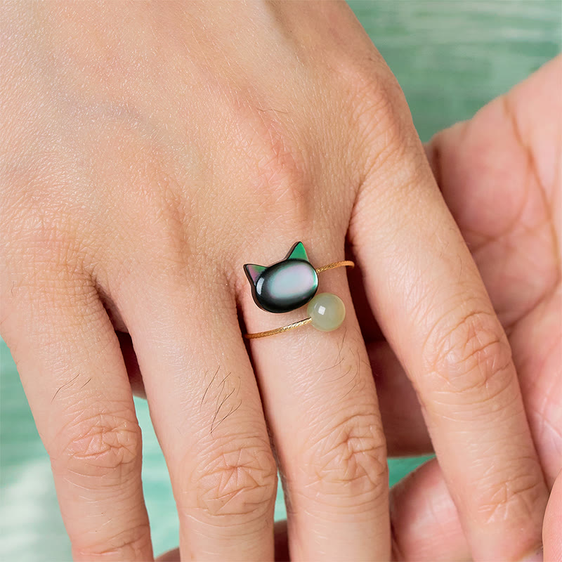 Buddha Stones "Sending Protection and Charm" Tridacna Stone Cat Ring Includes Gift Message Card