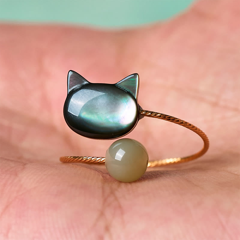 Buddha Stones "Sending Protection and Charm" Tridacna Stone Cat Ring Includes Gift Message Card