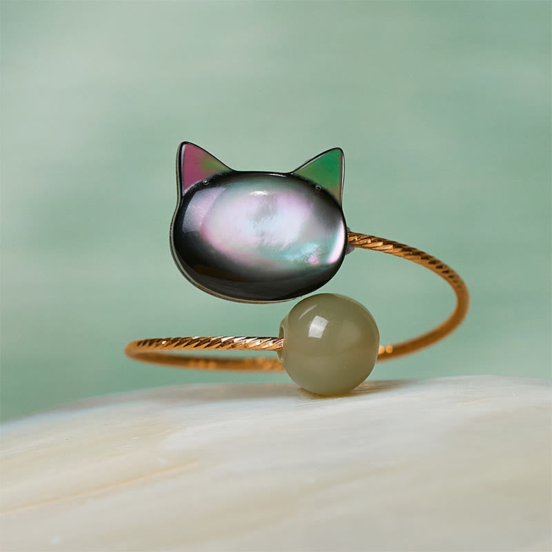 Buddha Stones "Sending Protection and Charm" Tridacna Stone Cat Ring Includes Gift Message Card