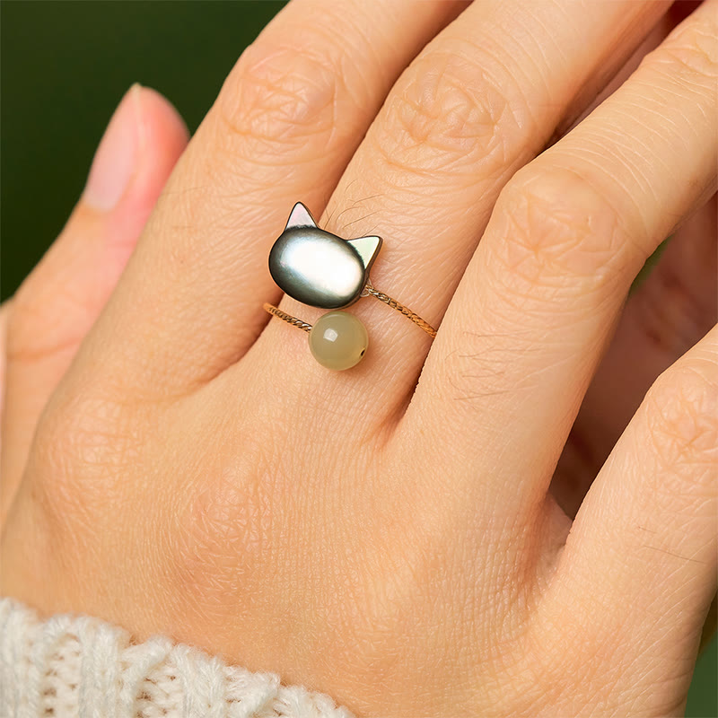 Buddha Stones "Sending Protection and Charm" Tridacna Stone Cat Ring Includes Gift Message Card
