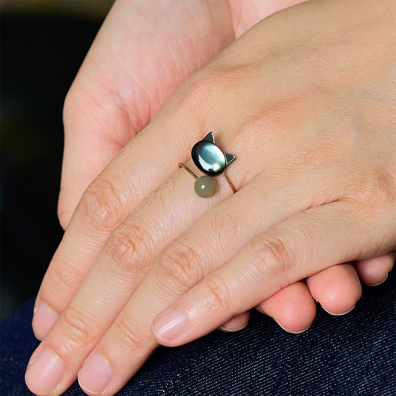 Buddha Stones "Sending Protection and Charm" Tridacna Stone Cat Ring Includes Gift Message Card