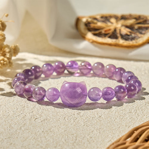 Buddha Stones "Wishing You Clarity and Calm" Cute Cat Amethyst Bracelet Includes Gift Message Card