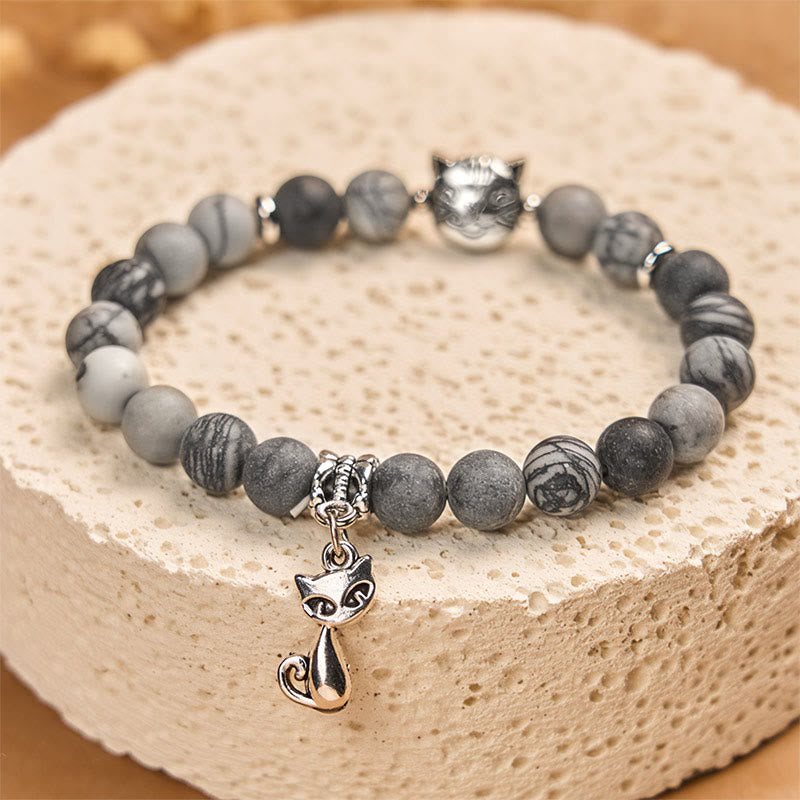 Buddha Stones "Wishing Love and Safety for Your Cat" Grey Tabby Bracelet Includes Gift Message Card