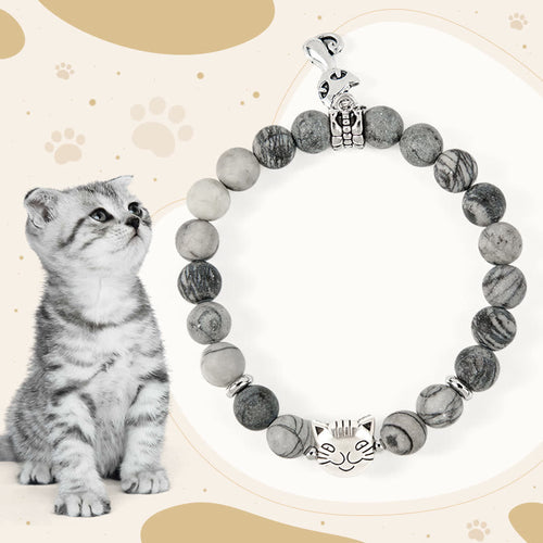 Buddha Stones "Wishing Love and Safety for Your Cat" Grey Tabby Bracelet Includes Gift Message Card