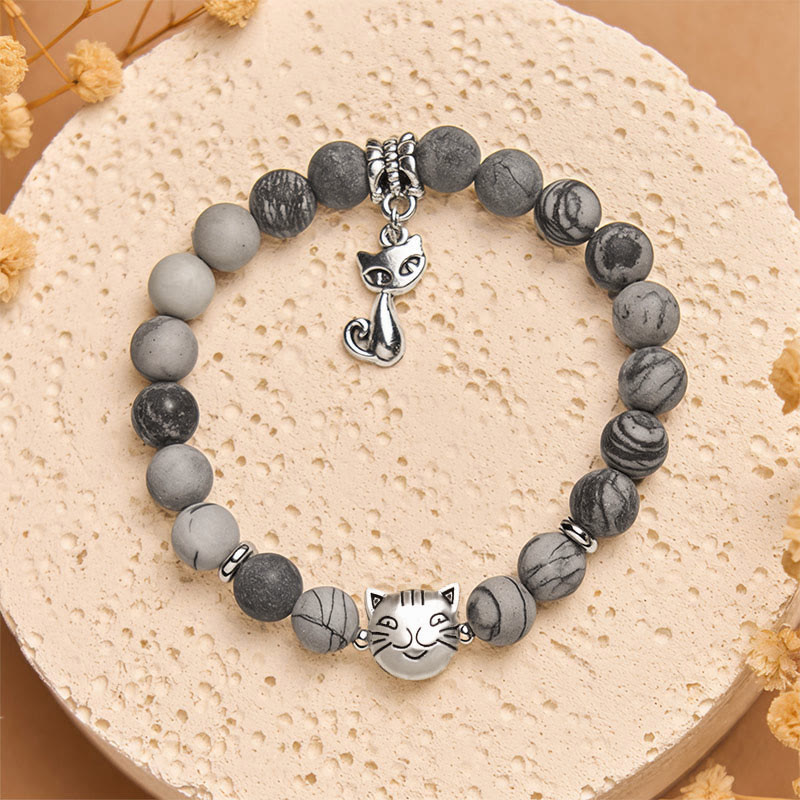 Buddha Stones "Wishing Love and Safety for Your Cat" Grey Tabby Bracelet Includes Gift Message Card