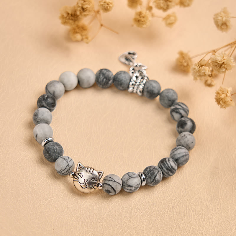 Buddha Stones "Wishing Love and Safety for Your Cat" Grey Tabby Bracelet Includes Gift Message Card