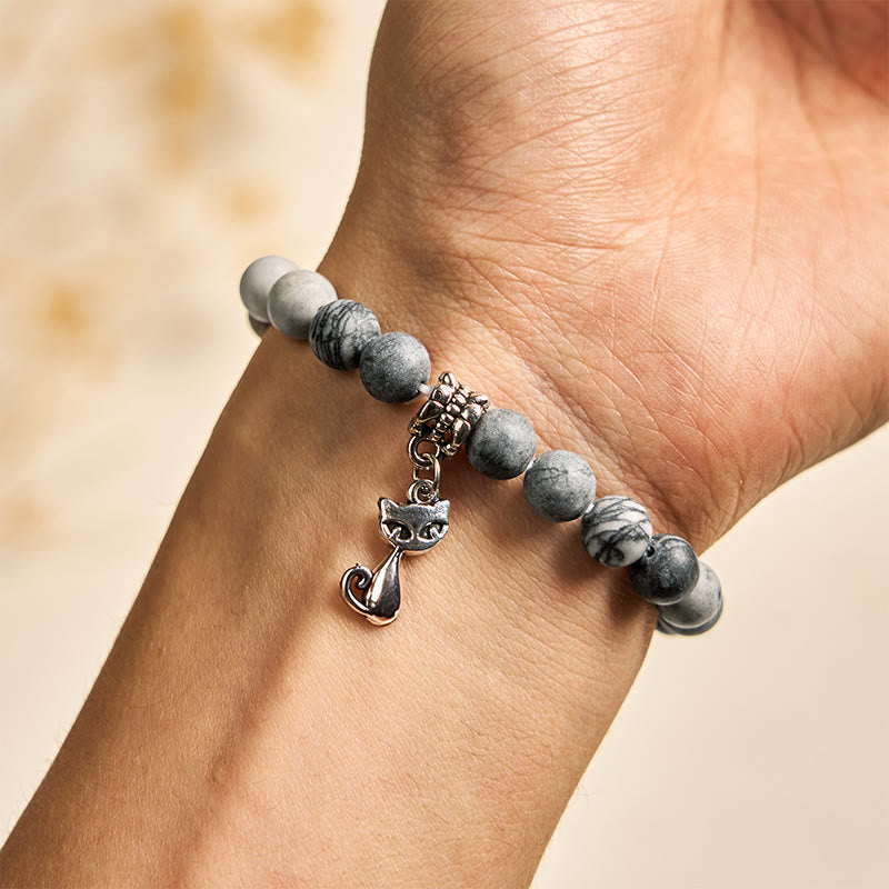 Buddha Stones "Wishing Love and Safety for Your Cat" Grey Tabby Bracelet Includes Gift Message Card