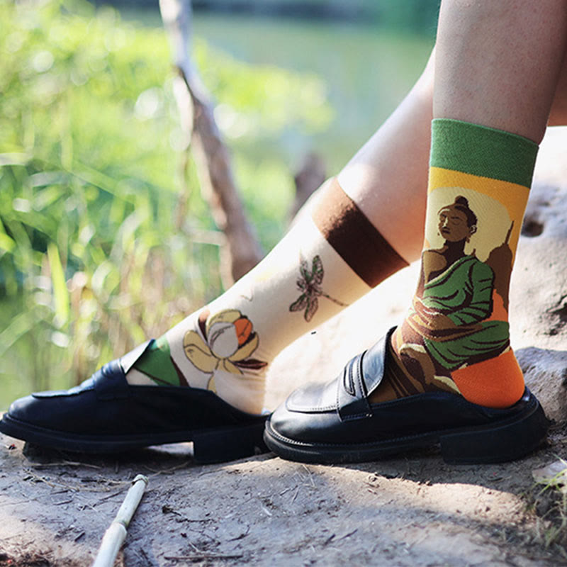Buddha Stones "Be Here Now" Casual Buddha Lotus Dragonfly Women's Socks Includes Gift Message Card