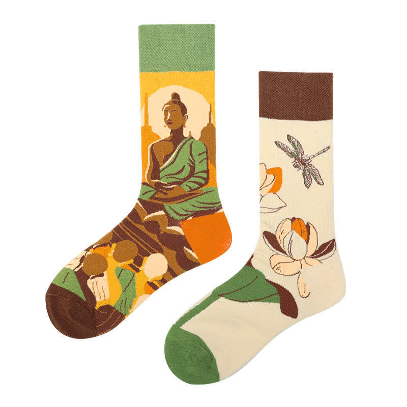 Buddha Stones "Be Here Now" Casual Buddha Lotus Dragonfly Women's Socks Includes Gift Message Card