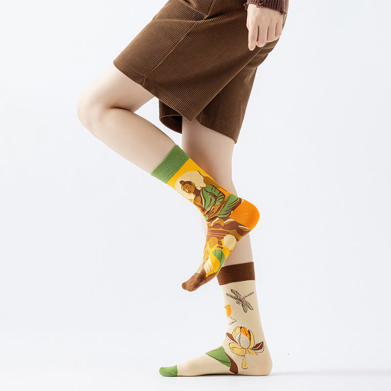 Buddha Stones "Be Here Now" Casual Buddha Lotus Dragonfly Women's Socks Includes Gift Message Card