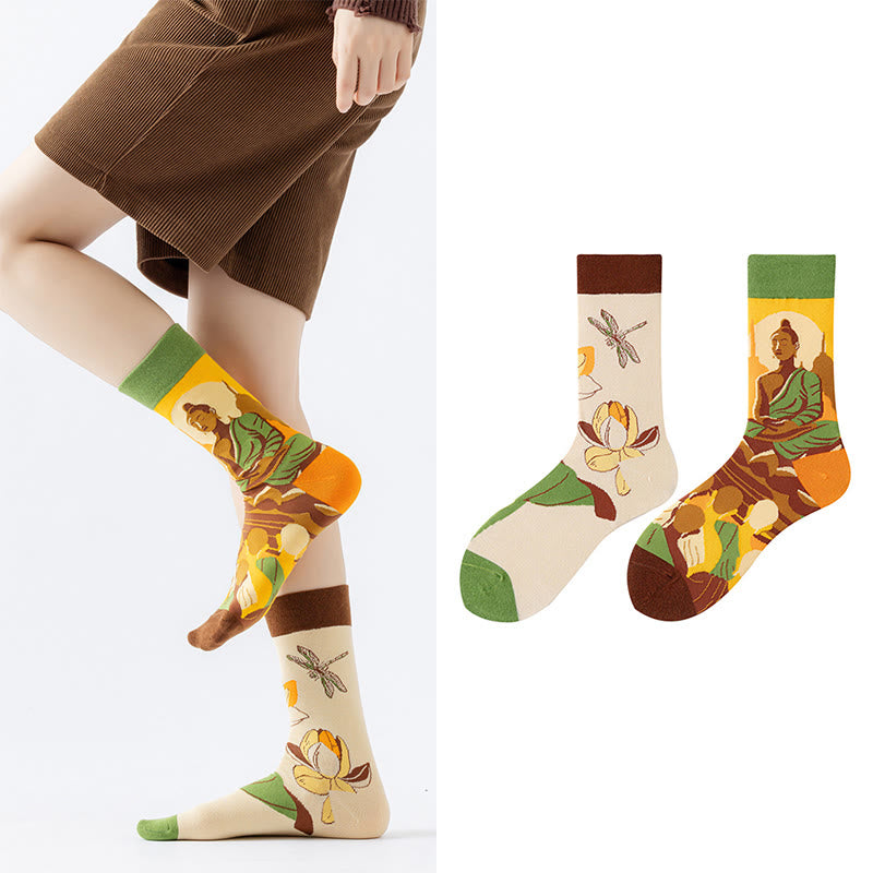 Buddha Stones "Be Here Now" Casual Buddha Lotus Dragonfly Women's Socks Includes Gift Message Card
