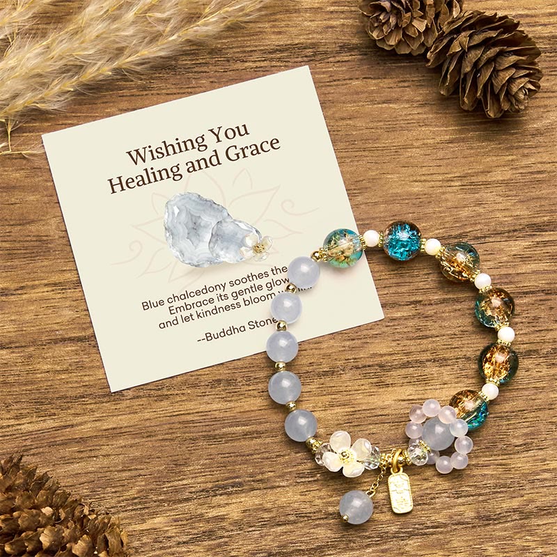 Buddha Stones "Wishing You Healing and Grace" Blue Chalcedony Bracelet Includes Gift Message Card