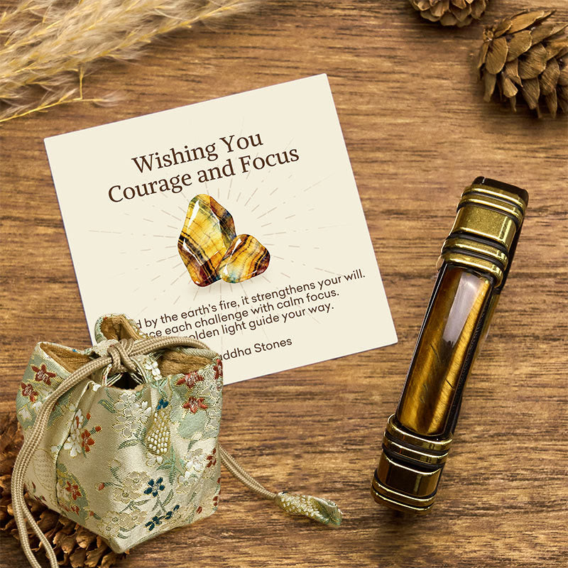 Buddha Stones "Wishing You Courage and Focus" Tiger Eye Leather Bracelet Includes Gift Message Card