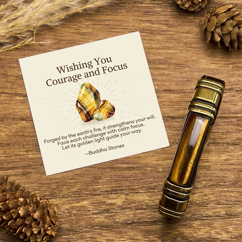 Buddha Stones "Wishing You Courage and Focus" Tiger Eye Leather Bracelet Includes Gift Message Card